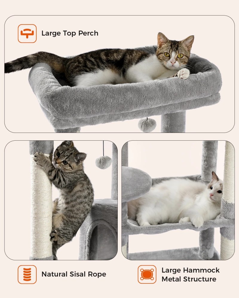 Pawz Road Cat Tree for Large Cats 56"Tall Cat Tower Condo with Scratching Post for Indoor Cats, Gray - Image 4
