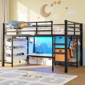 Aunfebrco Metal Loft Bed Twin Size with Stairs & LED Lights & Storage Drawers & Reading Bench,Low Loft Bed with Bookshelf & 2 Movable Storage Bins & Guardrail & Stairs for Bedroom,Black