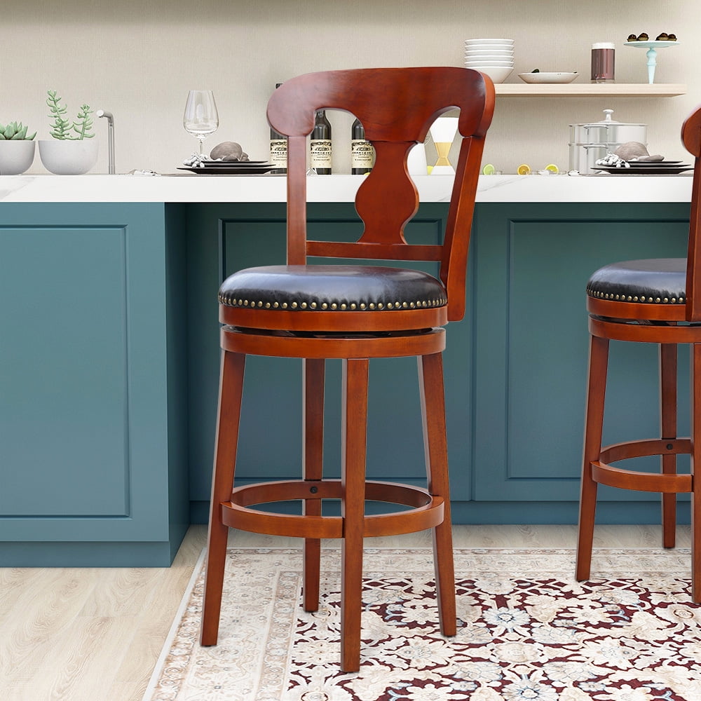 Abble 30" Swivel Walnut and Dark Brown Faux Leather Upholstered Bar Stool(Set of 1)