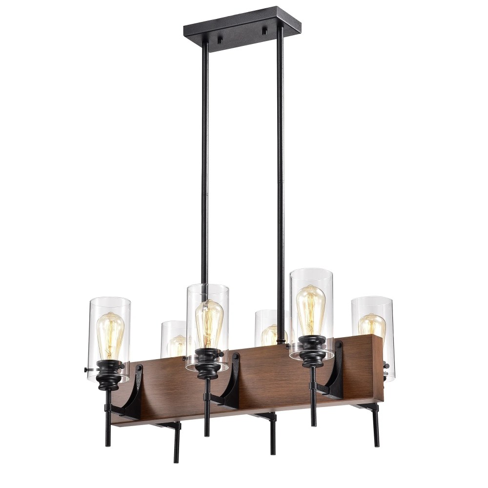 Warehouse of Tiffany Solvyr Forged Black Metal and Wood 6-Light Chandelier with Clear Glass Tube Shades - Image 2