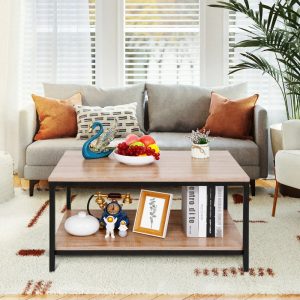 ZenSports Rectangle MDF Coffee Table W/Storage Shelf,Metal Cocktail Table,Natural