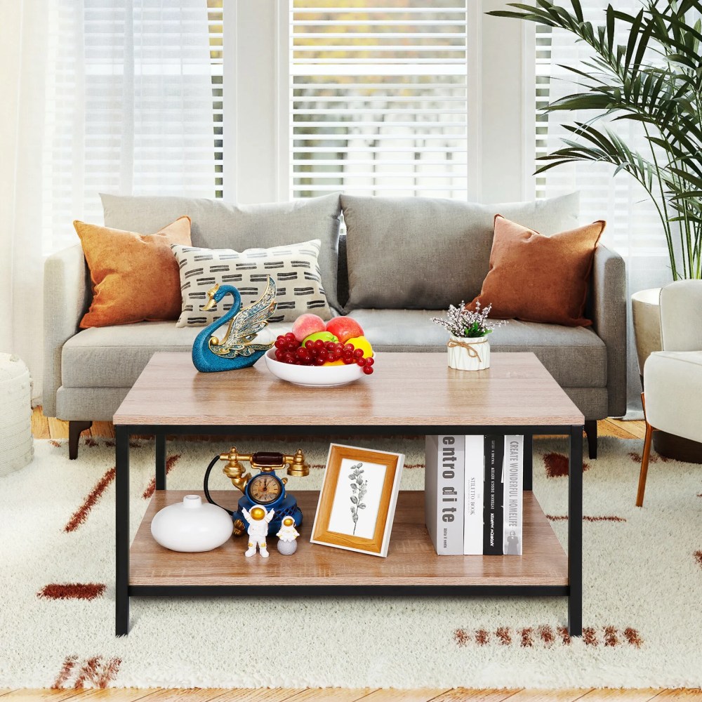 ZenSports Rectangle MDF Coffee Table W/Storage Shelf,Metal Cocktail Table,Natural