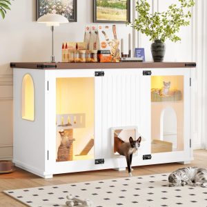Aukfa Large Cat Litter Box Enclosure with LED Light and Cat Scratching Post for Living Room, White