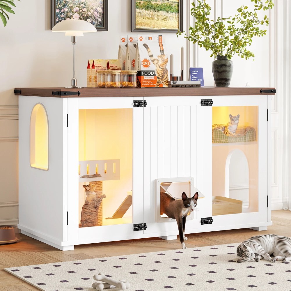 Aukfa Large Cat Litter Box Enclosure with LED Light and Cat Scratching Post for Living Room, White