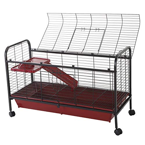 Pawhut Metal Wire Small Animal Pet Cage with Wheels, Red & Black, 42" - Image 5