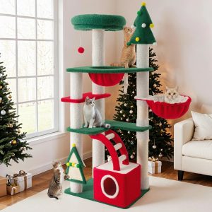 Amolife 67" Large Cat Tree and Tower,  Christmas Condo House with Stair & Scratching Posts for Indoor Cat,  Red & Green