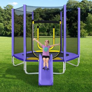 7FT Trampoline for Kids,  SHINPT Toddler Trampoline Outdoor,  Small Trampoline for Kids with Slide and Ladder,  Recreational Trampoline for Backyard,  Outside Toys for Kids with Safety Enclosure Net