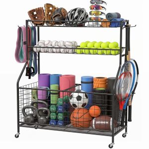 Ztysn Sports Equipment Ball Storage Rack Organizer, Garage Organizer with Baskets and Hooks, Sports Gear workout fitness Storage for Gym, Club, Basement, Metal/Black