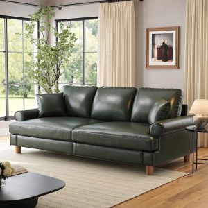 87" Couch Premium PU Leather Sofa,Comfy Extra Deep Seat 3 Seater Couch for Living Room,with 2 Pillows,Green