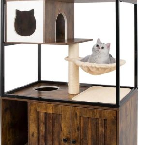 PETSCOSSET Cat Tree with Hidden Litter Box Enclosure, Climbing Platforms, Condo Hammock, and Scratching Post