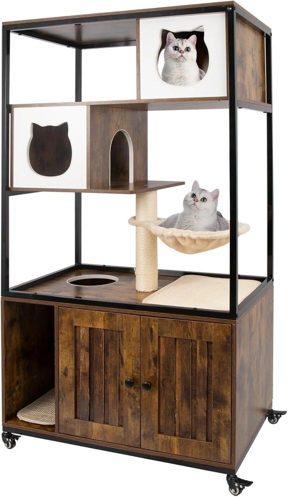 PETSCOSSET Cat Tree with Hidden Litter Box Enclosure, Climbing Platforms, Condo Hammock, and Scratching Post