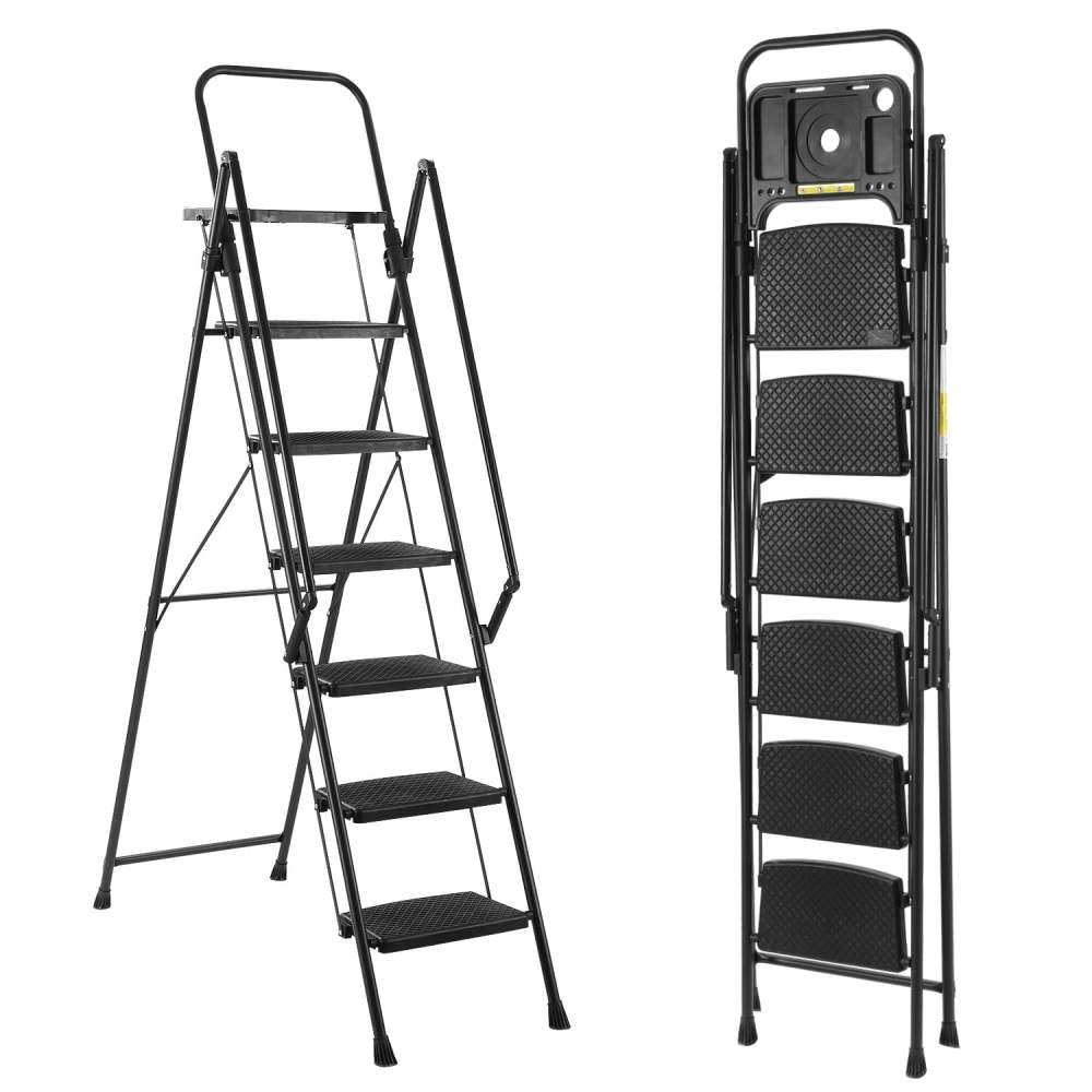6 Step Folding Ladder,Heavy-Duty Steel Step Stool with Tool Tray,Non-Slip Pedals & Handrails,500lbs Capacity,Portable for Indoor/Outdoor Use
