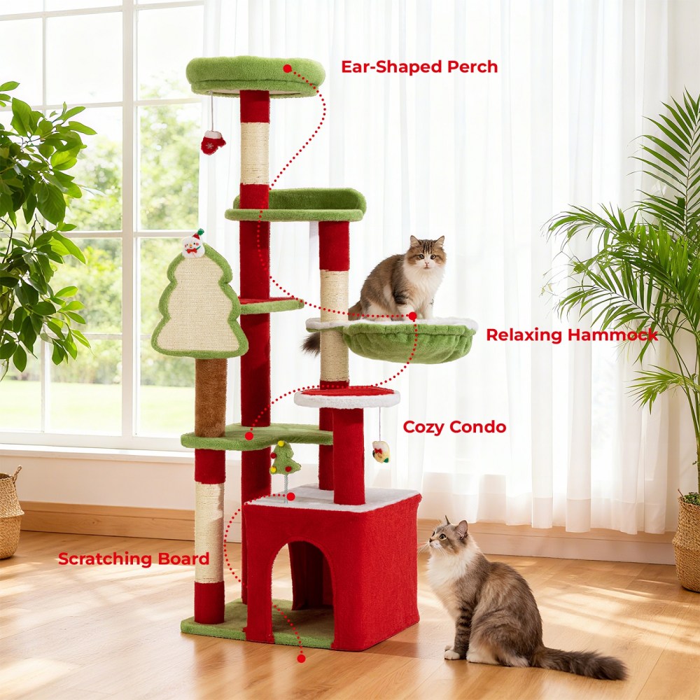 PERIMIDOME 55" Large Cat Tree Tower for Indoor Cats, Multi-Level Cat Furniture with Condo, Hammock & Scratching Posts, Christmas Edition - Image 6