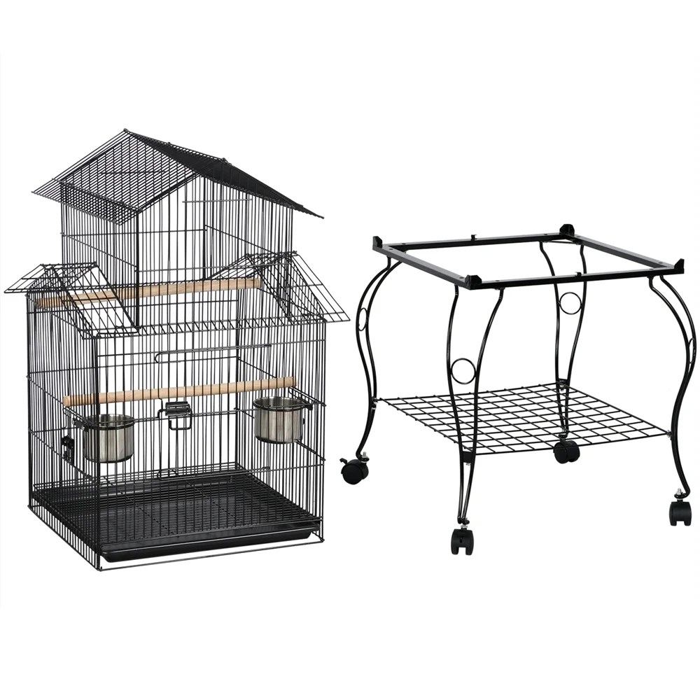 Renwick 55" Metal Rolling Bird Cage With Stand, Black - Image 2