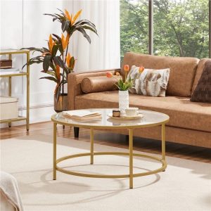 Yaheetech 36in Modern Round Glass-Top Coffee Table for Living Room,Gold