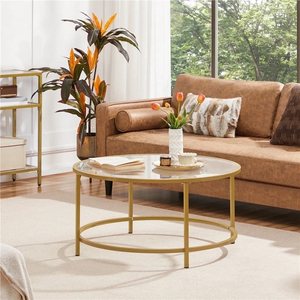 Yaheetech 36in Modern Round Glass-Top Coffee Table for Living Room,Gold