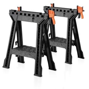 ZYJOYY Saw Horses 2 Pack-Folding Heavy Duty Clamping Sawhorse 1000 LBS Load Capacity,Workhorse with Bar Clamps,Built-in Tool Tray and Cord Hooks