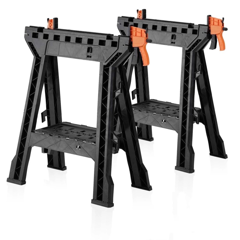 ZYJOYY Saw Horses 2 Pack-Folding Heavy Duty Clamping Sawhorse 1000 LBS Load Capacity,Workhorse with Bar Clamps,Built-in Tool Tray and Cord Hooks