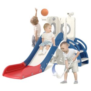 XJD 7-in-1 Toddler Slide for 1-3 Years Old,  Indoor & Outdoor Kids Plastic Slide with Basketball Hoop & Upgraded Golf Game,  Blue