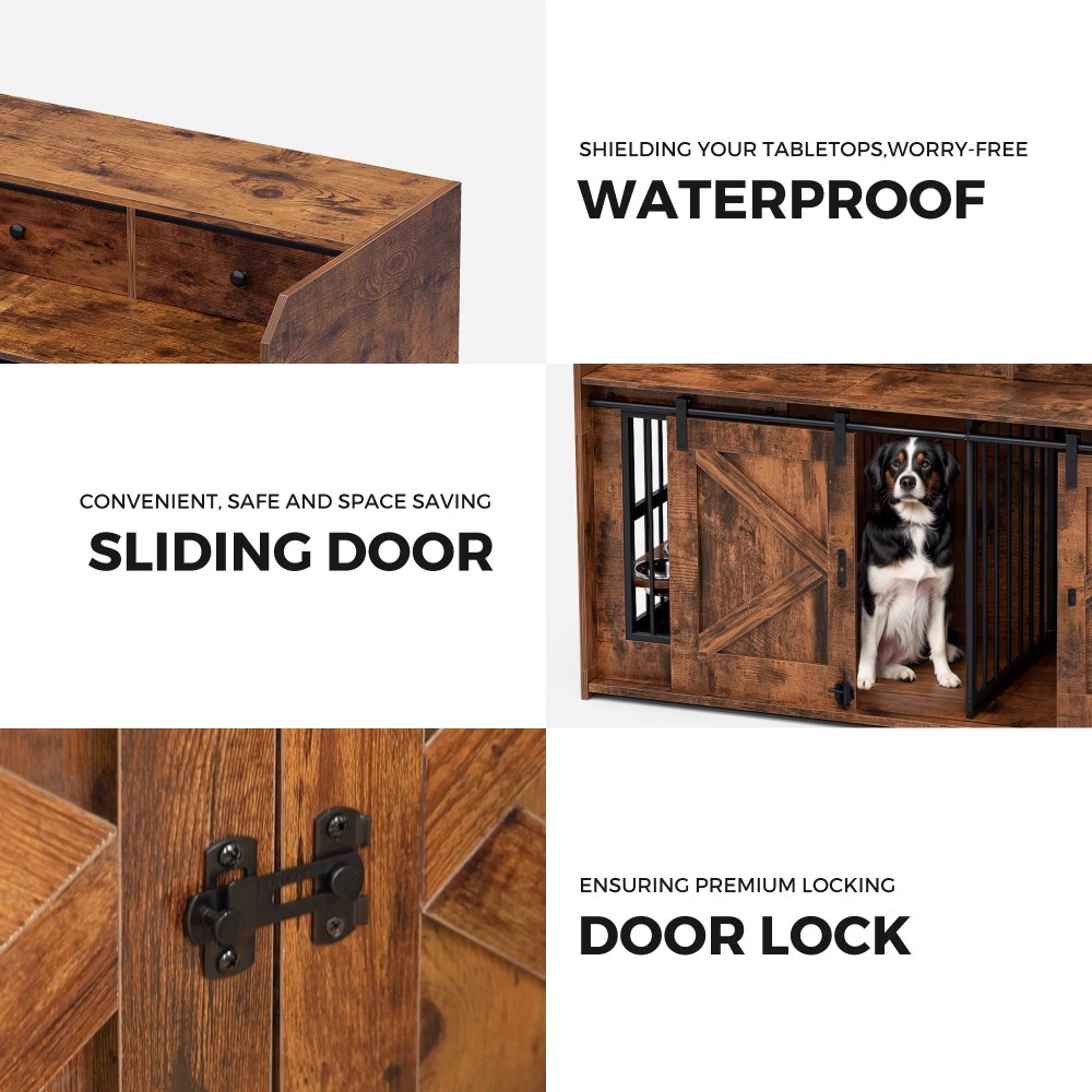 Advwin 63" Wooden Double Dog Crate Furniture with Drawers, Divider, Sliding Doors and Dual Feeding Stations, TV Stand Dog Kennel for 2 Small/Medium Dogs, Rustic Brown - Image 10
