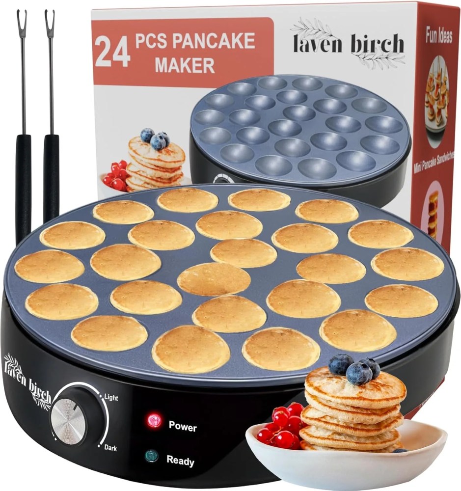 24 Mini Pancake Maker Machine,Nonstick Electric Dutch Pancakes Griddle,Adjustable Heat Multi-Use Poffertjes Pan,Simple & Easy Baker for Home and Restaurants,Perfect for Breakfast & Desserts