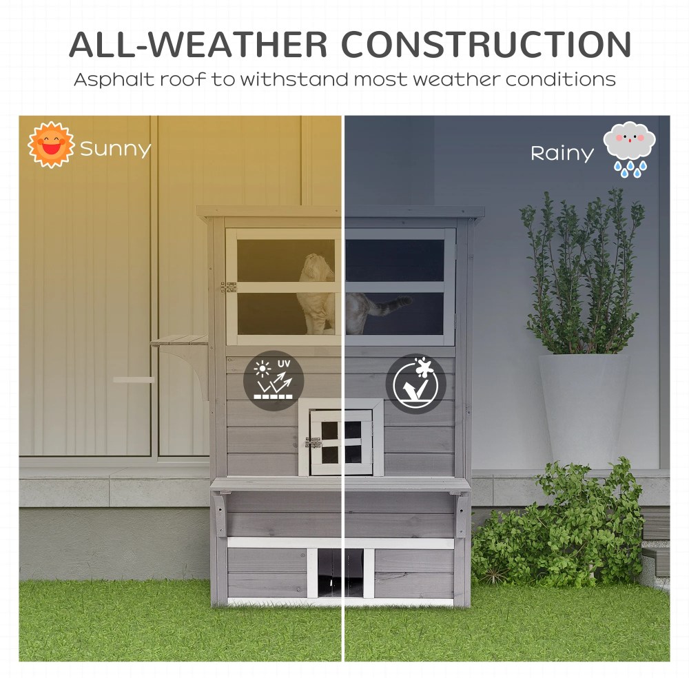 PawHut 3-Story Cat House with Raised Floor, Escape Doors, Gray - Image 4