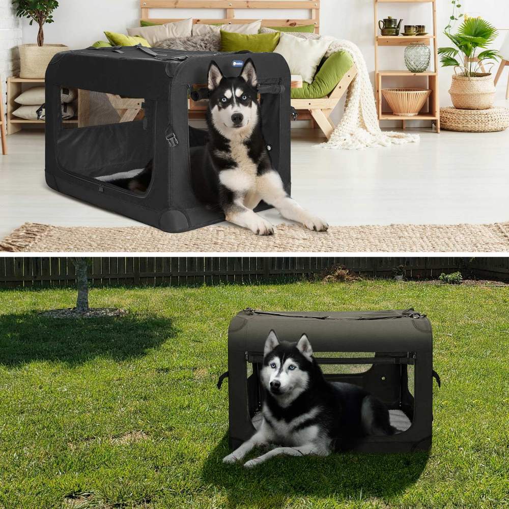 Veehoo Folding Soft Dog Crate, 3-Door Pet Kennel, 600D Cationic Oxford Fabric, 40", Black - Image 4