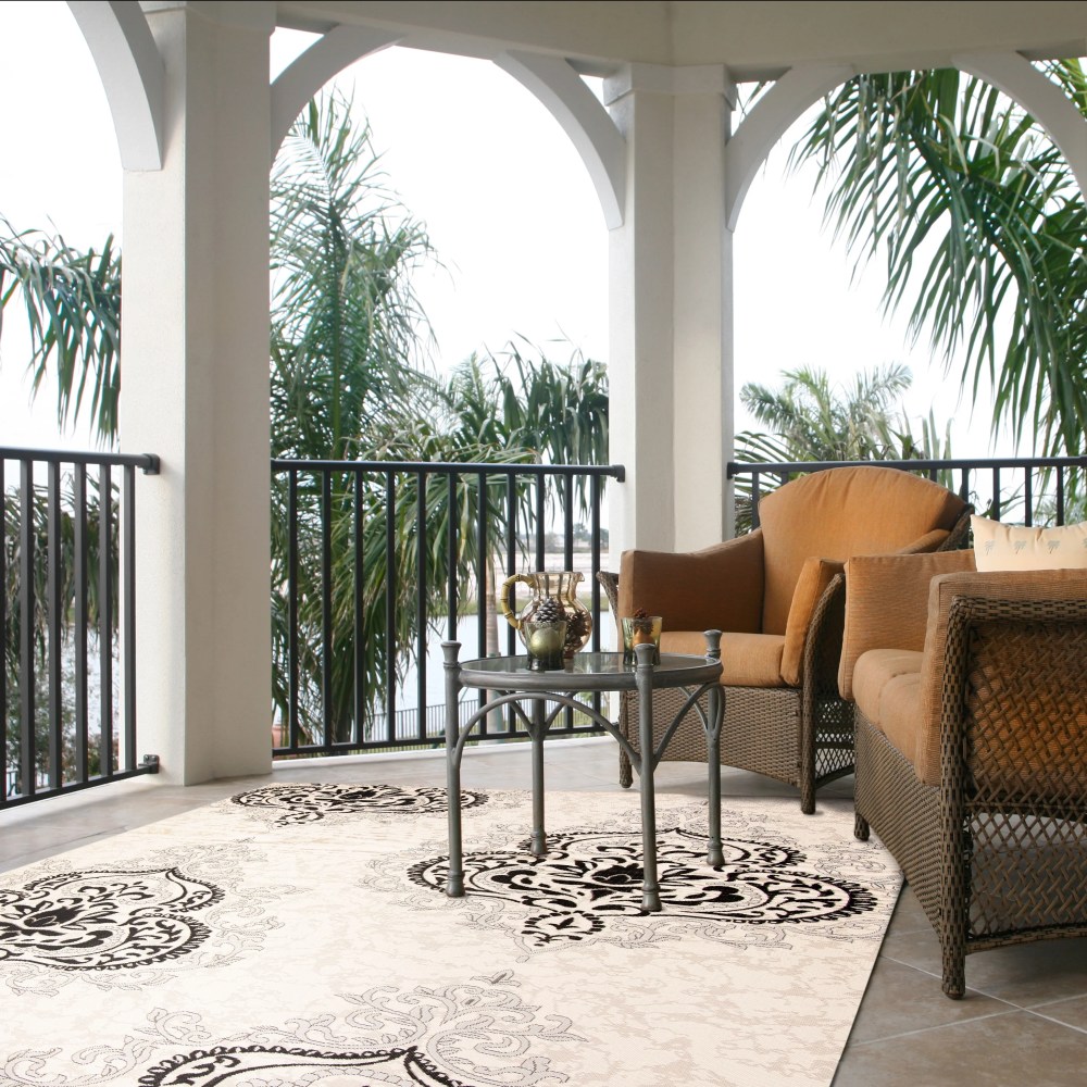 Safavieh Courtyard Penelope Damask Indoor/Outdoor Area Rug, Creme/Black, 6'7" x 6'7" Square - Image 8