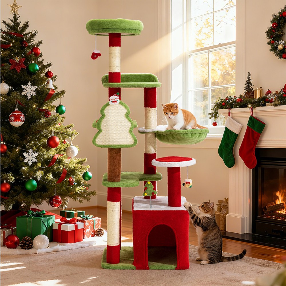 PERIMIDOME 55" Large Cat Tree Tower for Indoor Cats, Multi-Level Cat Furniture with Condo, Hammock & Scratching Posts, Christmas Edition - Image 8