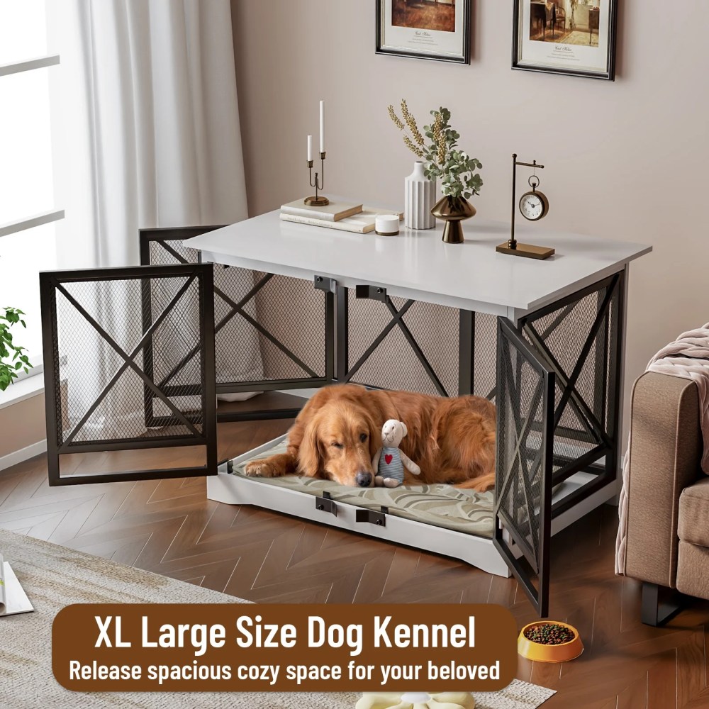48 inch Extra Large Dog Crate Furniture, Double Door Indoor Kennel, End Side Table Wooden Dog Crates, Anti-Chew Anti-Escape, White - Image 4