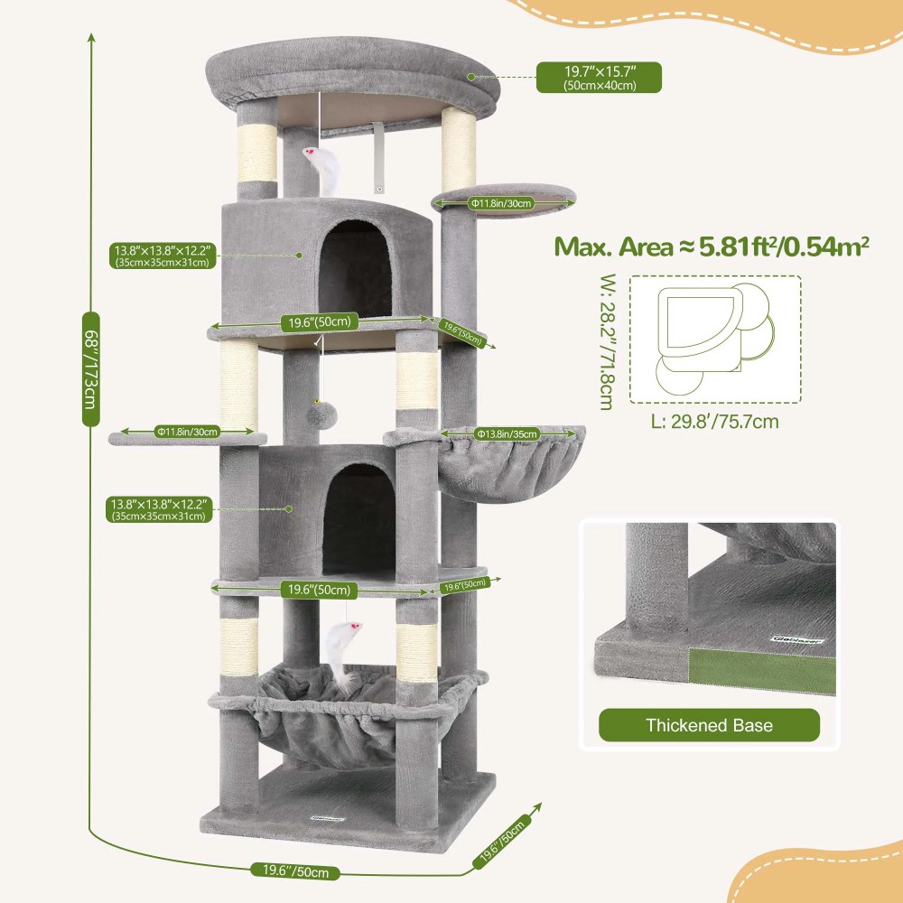 Globlazer 68" XL Corner Cat Tree Tower Condo for Large Cats - 6 Sisal Scratching Posts, 2 Condos, Hammock & Hanging Basket, Light Grey - Image 7