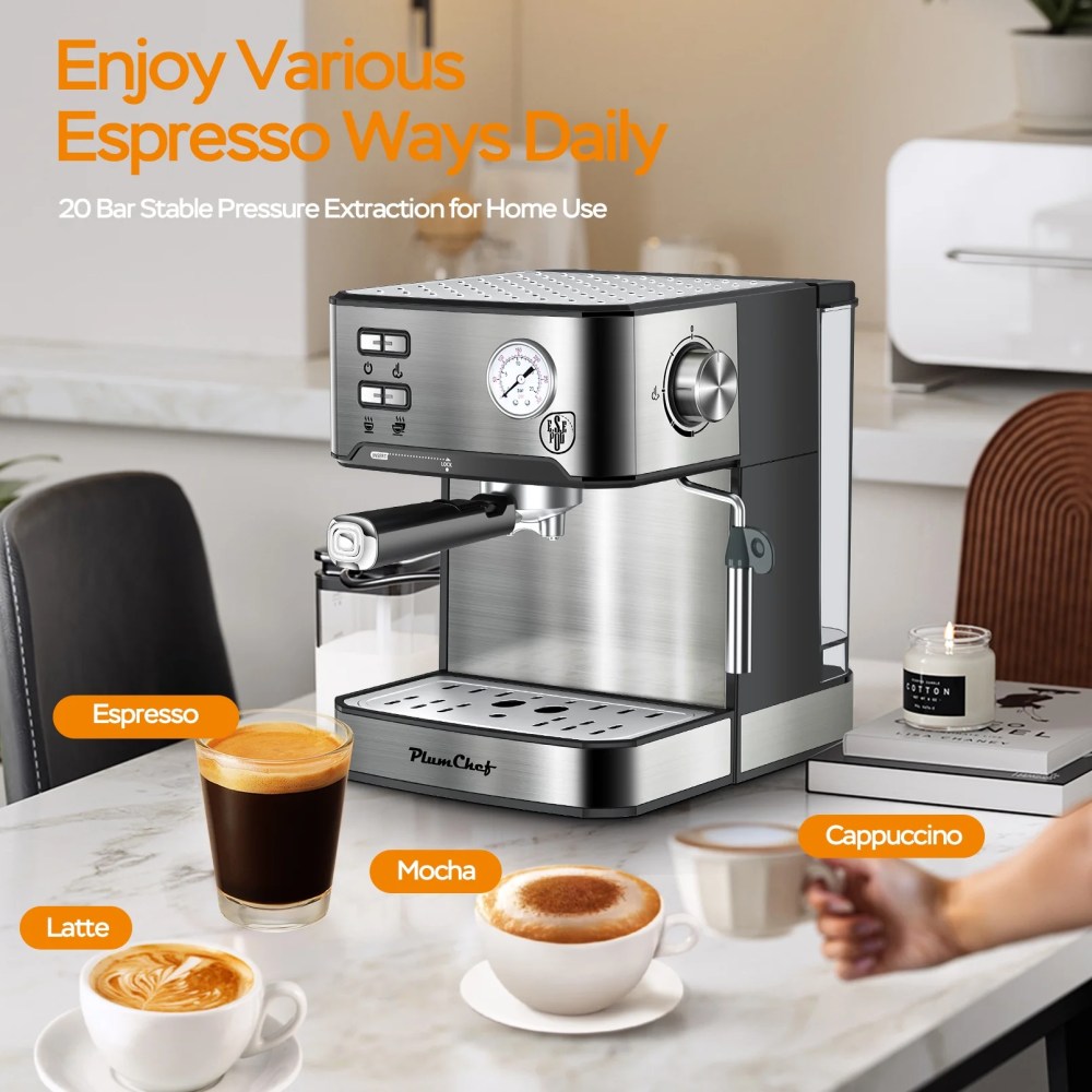 Plum Chef 20 Bar Espresso Machine with Built-in Pressure Gauge, Professional Coffee Maker for Cappuccino & Latte, ESE POD Compatible, 1.5L Water Tank, Stainless Steel, 950W - Image 3