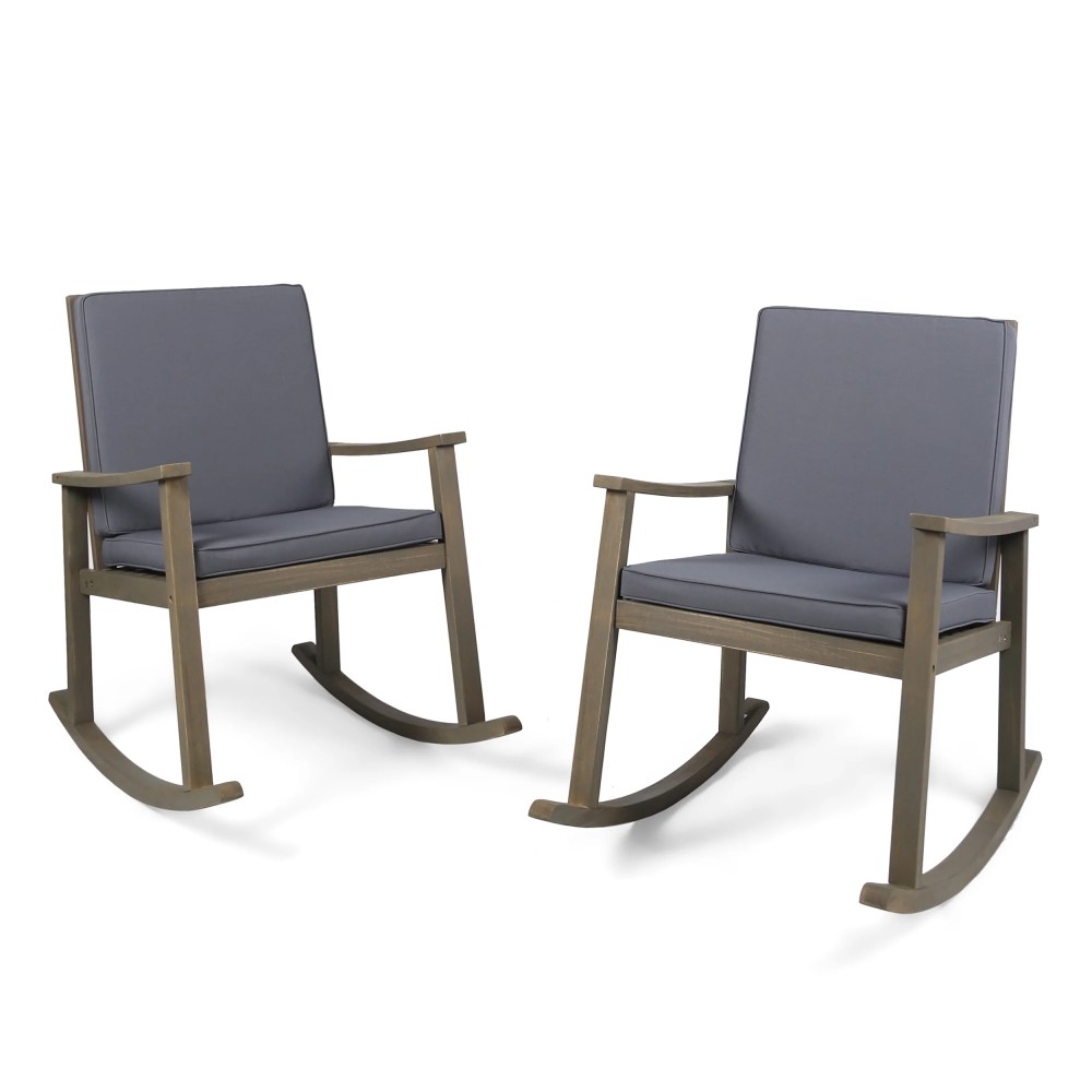Outdoor Acacia Wood Rocking Chair with Cushion, Grey - Image 2