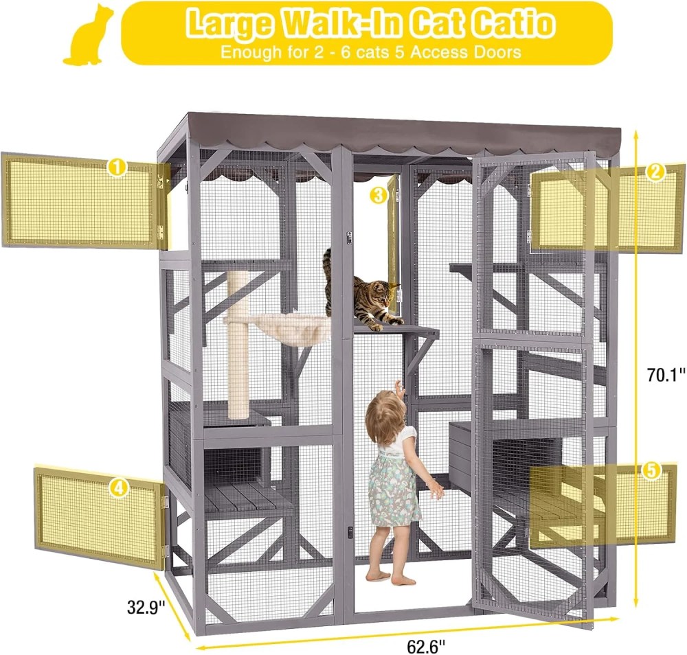 Aivituvin Catio Large Cat House Outdoor Walk in Outdoor Cat Enclosure Indoor Cage Kitty Condo Playpen with Door, Platform, Scratch Post, Hammock - 70" - Image 8