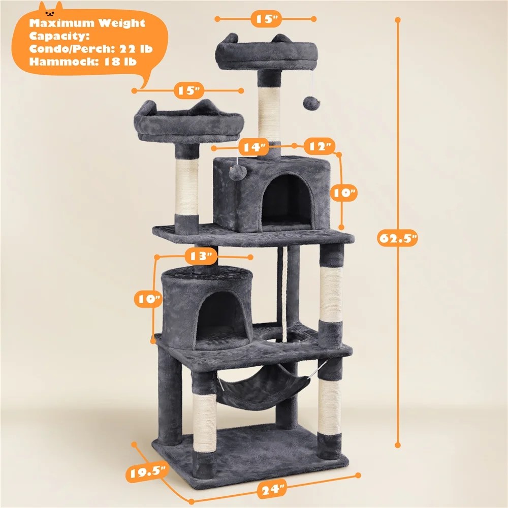 Yaheetech 62"H Multi Level Cat Tree Tower with Condos, Foam-Padded Perches, Dark Gray - Image 3