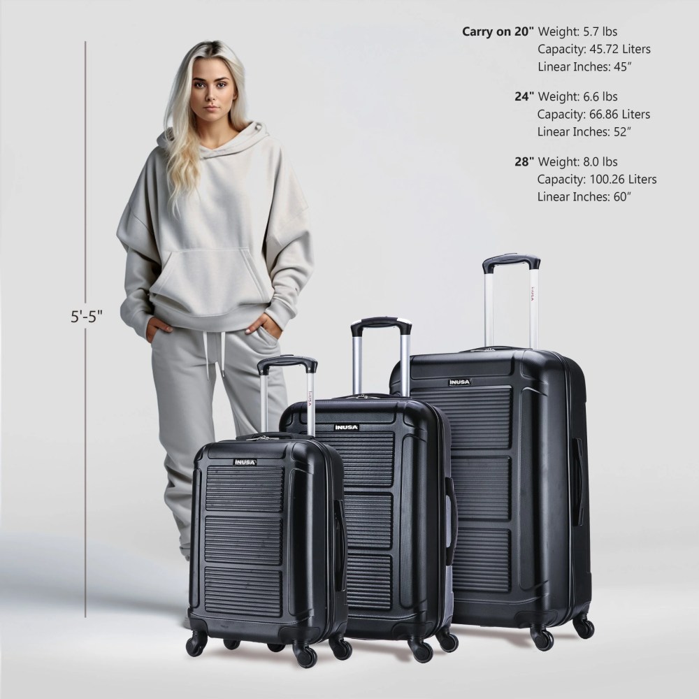 InUSA Pilot 3-Piece Hardside Luggage Sets with Spinner Wheels, Handle, Trolley, (20"/24"/28"), Black - Image 2