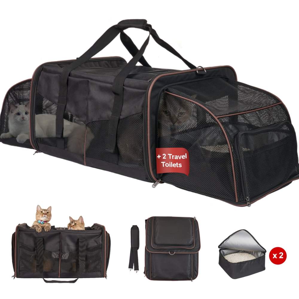 LitaiL Cat Carrier for 2 Cats, 2-in-1 Double Pet Carrier with 2 Litter Boxes, Portable Soft Sided Dog Carrier for Traveling, Black