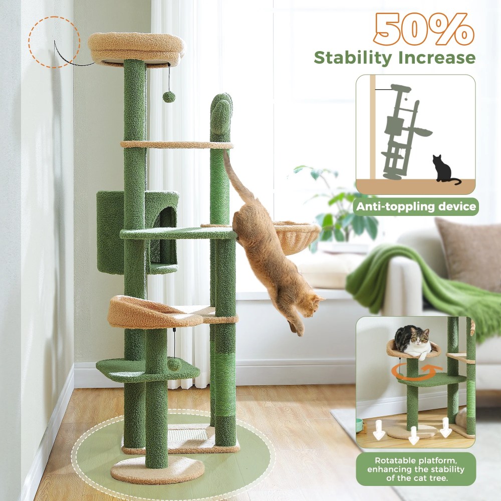 PAWZ Road 59" Cactus Cat Tree Tower with sisal Scratching Post & Large Perch for Indoor Cat Green - Image 5