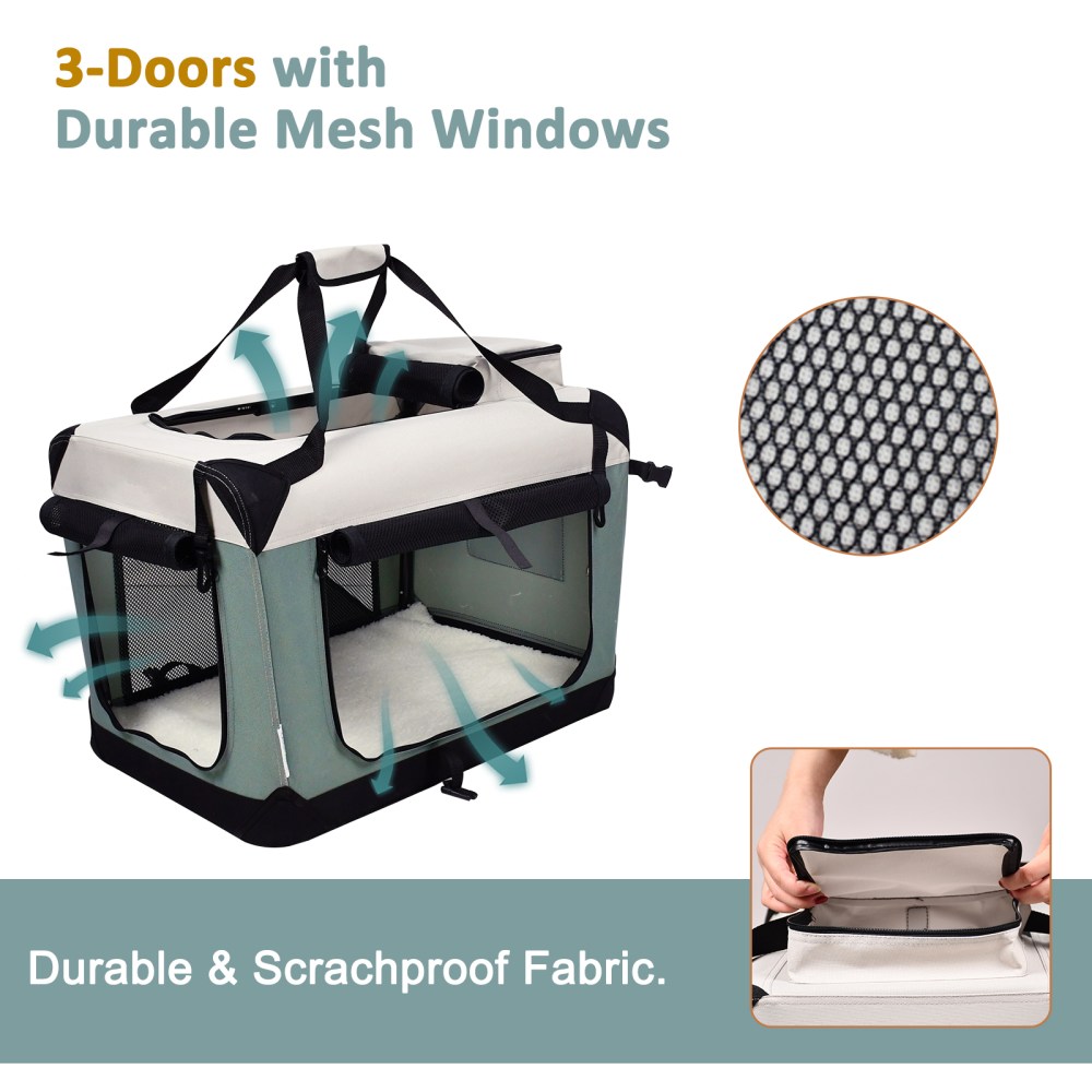 ZAKAPAWS Collapsible Soft Dog Crate, Portable 3 Door Dog Kennel, Travel Pet Crate Carrier for Indoor and Outdoor (Shale Green, 24" L x 16.5" W x 16.5" H) - Image 3