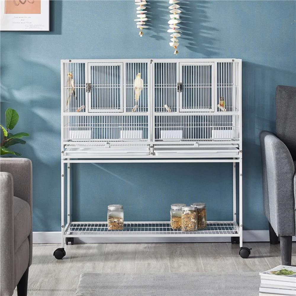 Alden Design Stackable Wide Divided Metal Bird Breeder Cage with Rolling Stand, White - Image 4