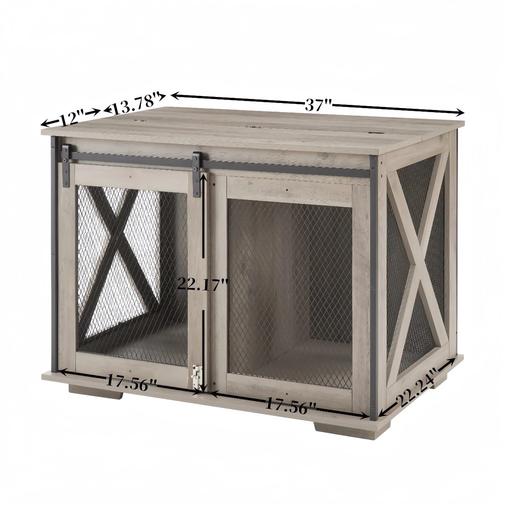 Pefilos 37" Wood Dog Crate Furniture, Heavy Dog Kennel Pet House with Sliding Barn Door, Indoor Dog Cage for Large Dogs, Gray - Image 8