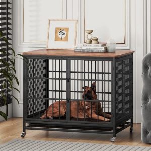 Meteorleg Large Dog Crate Furniture, 42" Heavy Duty Wooden Dog Crate Kennel with 3 Door, Brown