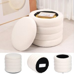 19" Round Storage Ottoman Sherpa Foot Rest Footstool Upholstered Storage Stool Seat White