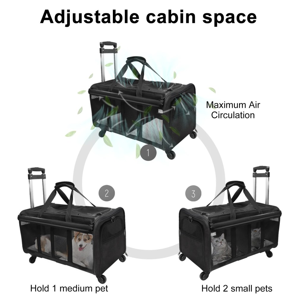 ELEGX Double-Compartment Pet Rolling Carrier with Wheels for 2 Pets, for Up to 35 LBS, Cat Rolling Carrier for 2 Cats, Super Ventilated Design, Ideal for Traveling/Hiking /Camping - Image 6