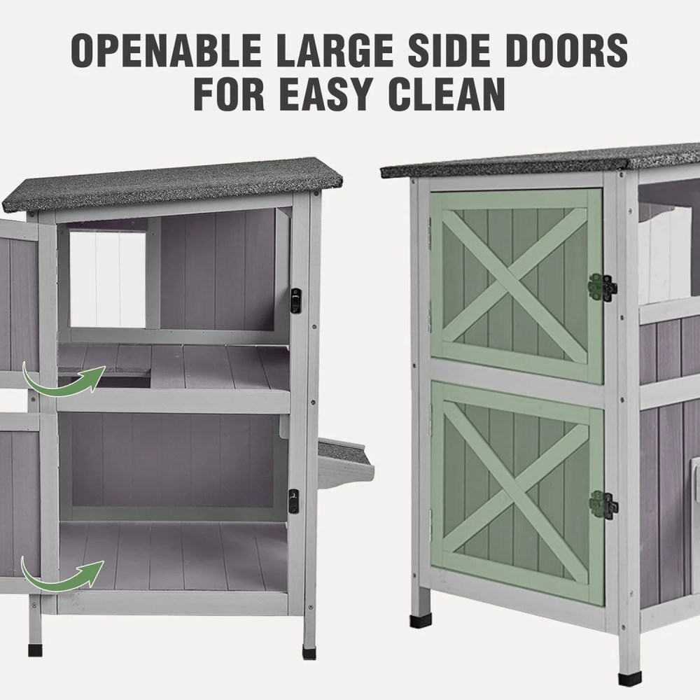 Outdoor Cat House Weatherproof, 2-Storys Feral Cat House with 2 Escape Doors and Window, Stray Cat Shelter with 2 Large Side Doors and Removable Floor - Image 2