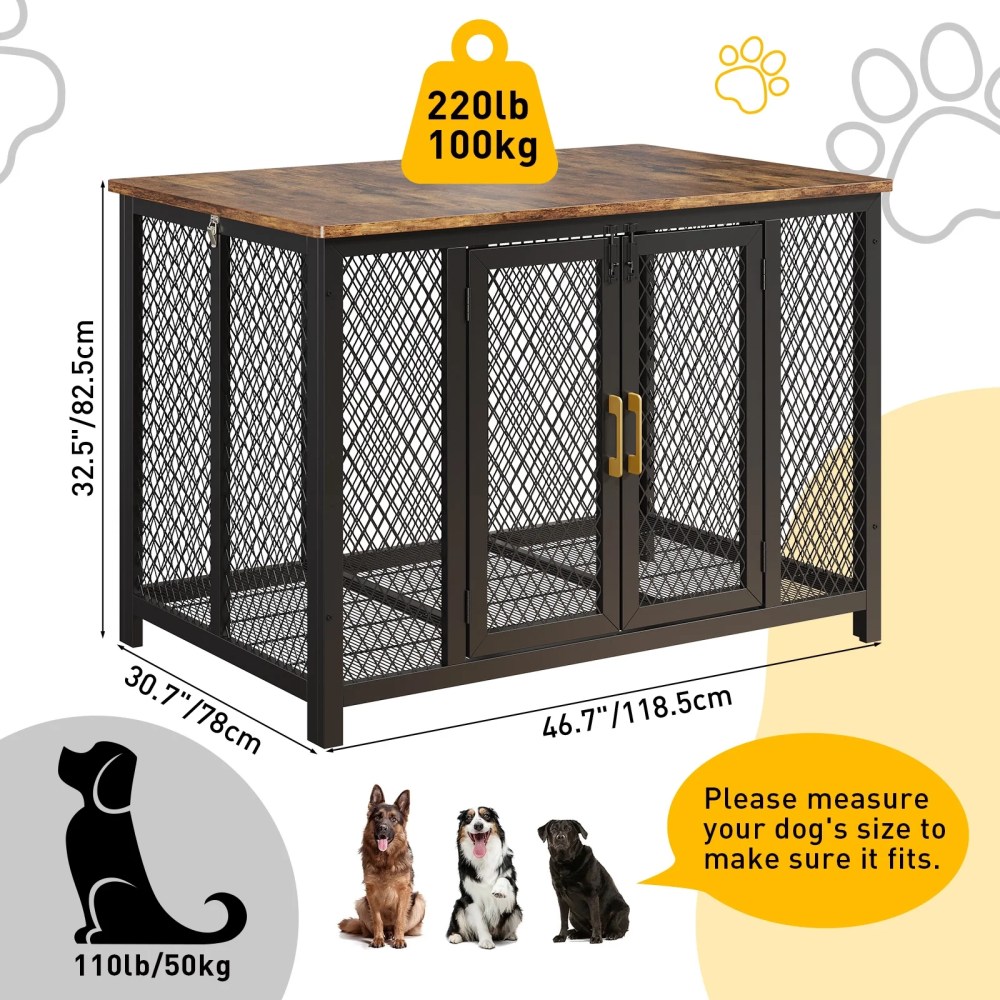 48" Dog Crate Furniture, Heavy Duty Dog Cage, Indoor Kennel, End Side Table Animal Crates with Doors for Medium Large Dog Cage, Anti-Chew Anti-Escape, Rustic Brown, 118.5 78 82.5Cm - Image 6