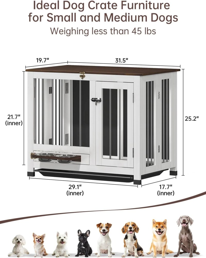 Dog Crate Furniture, 31.5" Dog Kennel Indoor Foldable and Portable, Sturdy Wooden Dog Crate End Table Easy Assembly with 360'Rotating Feeder and Detachable Tray for Small Dogs, Medium Dogs - Image 2