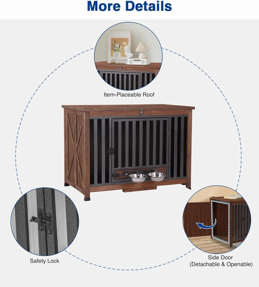 Aivituvin Dog Crate Furniture, Foldable Wooden Dog Kennel Furniture with 360'Rotating Feeding Bowls, Iron Frame Dog Crate with Deepened Sliding Tray , 39.4" L Brown - Image 8
