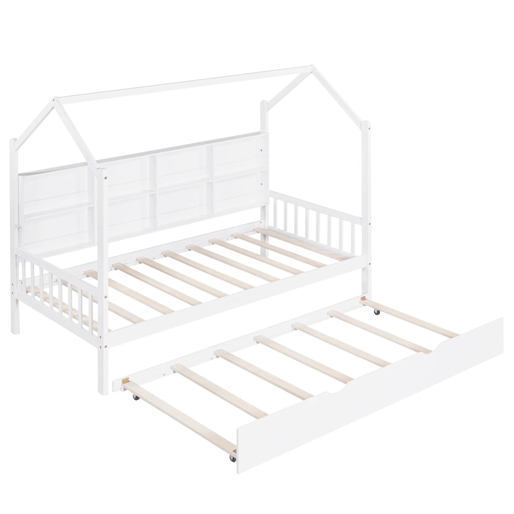 Aukfa House Bed with Trundle, Twin Platform Bed with Storage Shelves and Roof - White - Image 4