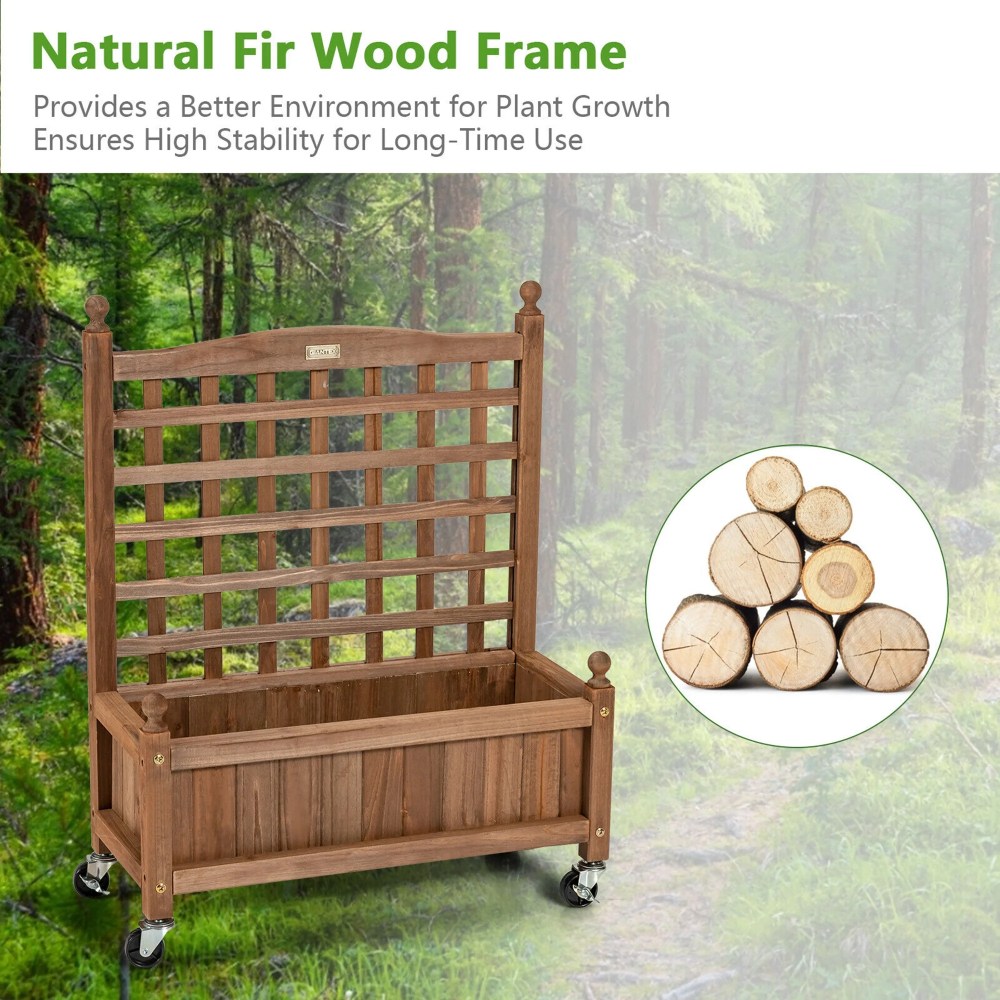 Gymax 2PC 32in Wood Planter Box w/Trellis Mobile Raised Bed for Climbing Plant - Image 9